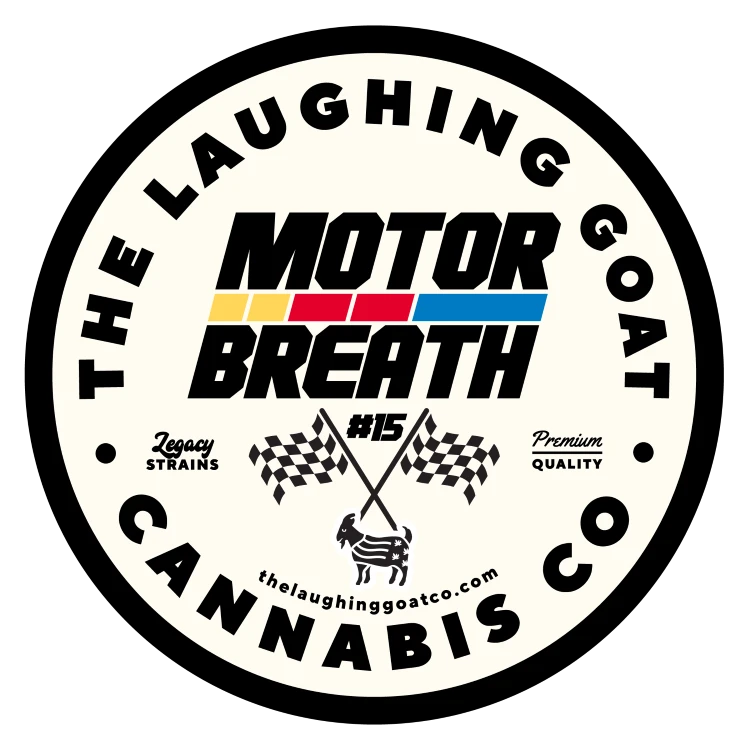 The Laughing Goat Cannabis Co Motorbreath #15 strain logo featuring racing flags and bold typography with legacy strains and premium quality branding